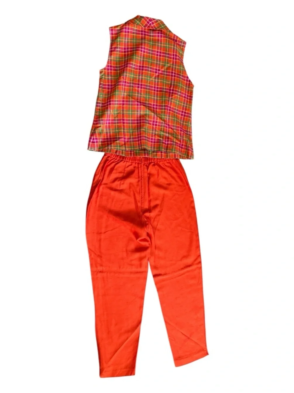 Sag Harbor Orange Plaid Matching Set Sleeveless Too & High-Waisted Pants Preppy
